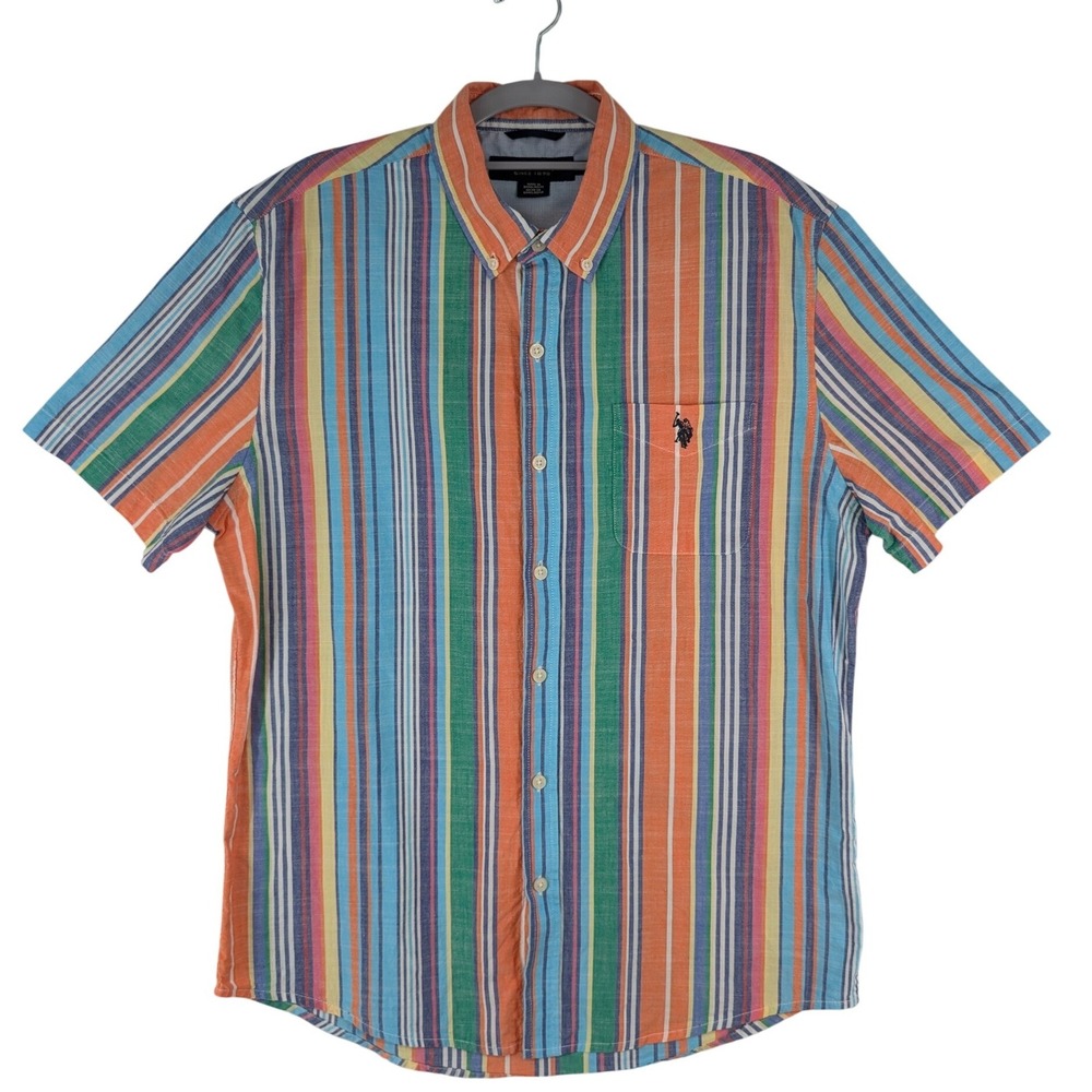 U.S. Polo Assn. Striped Button Down Shirt M Multicolor Cotton Short Sleeve Beach